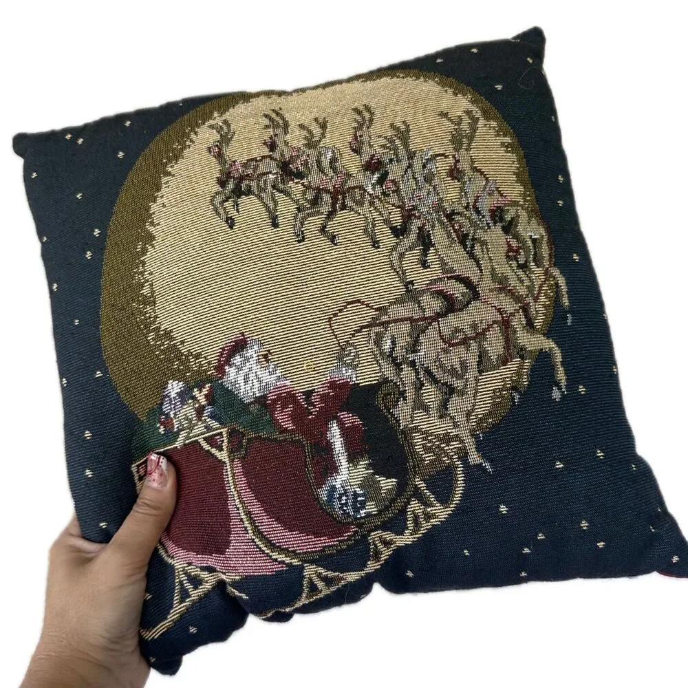 Christmas Eve Santa Reindeers Delivering Presents Tapestry Holiday Pillow